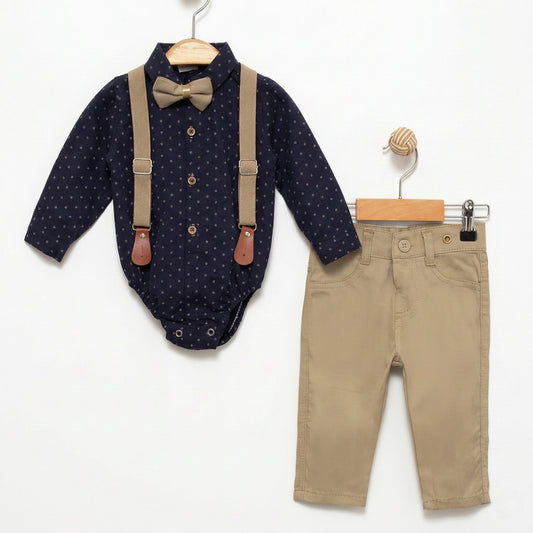 Navy Dot Bodysuit & Beige Pants Set