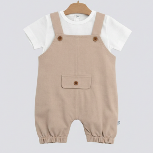 Beige Buttoned Charm – Baby Boy Romper