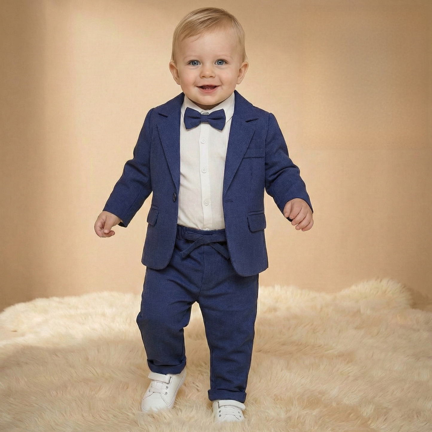 Blue Baby Boy Formal Suit – 4-Piece Set with Blazer, Shirt, Pants & Bow Tie