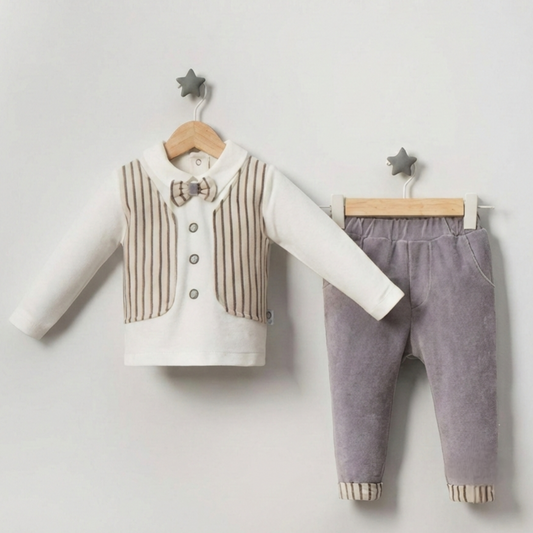 Gray & Beige Toddler Outfit – 2-Piece Set with Vest-Shirt & Pants