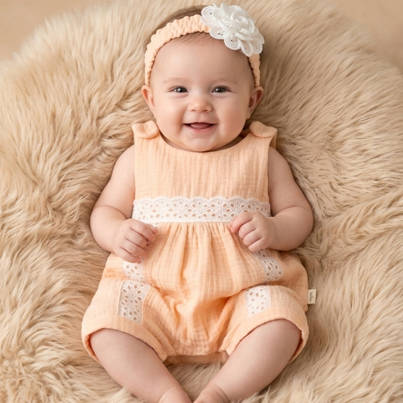 Peach Blossom Lace – Baby Girl Romper Set