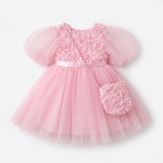Pink Baby Girl Rosette Dress with Cross-bag – Tulle & Purse Set