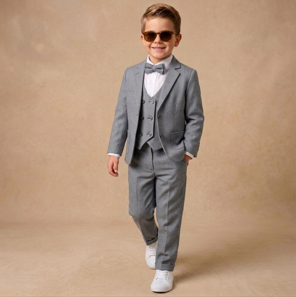 Gray Baby Formal Suit Set – Blazer, Vest & Bow Tie