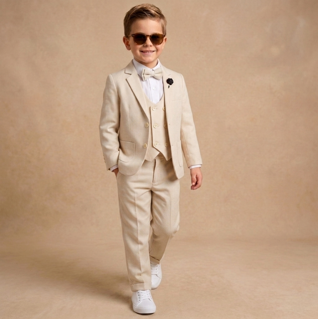 Beige Baby Formal Suit Set – Blazer, Vest & Bow Tie