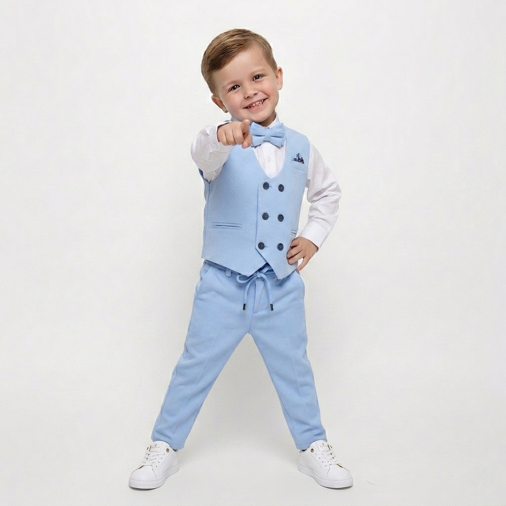 Light Blue Baby Vest Suit – Bow Tie & Trousers
