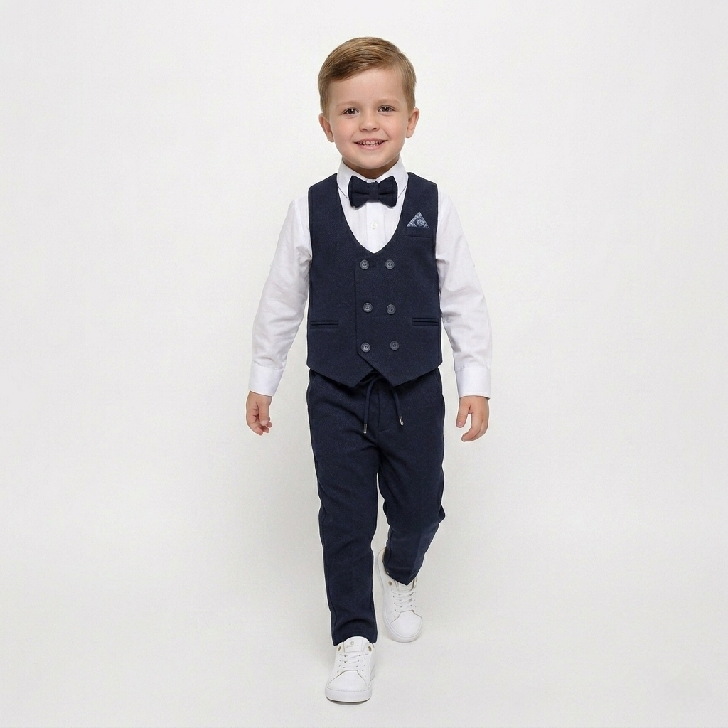 Navy Baby Vest Suit Set – Bow Tie & Trousers