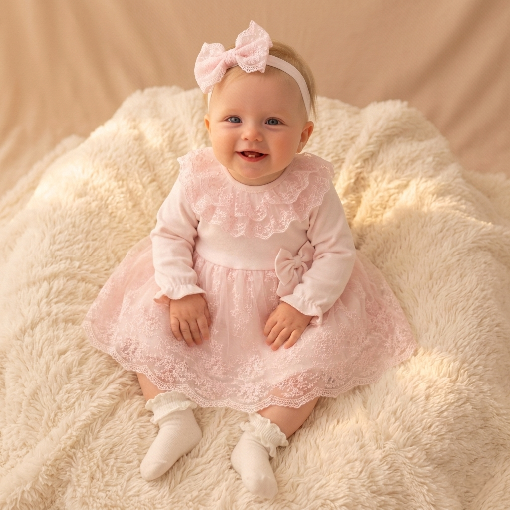 Pink Baby Girl Lace Dress – Bow & Headband Set
