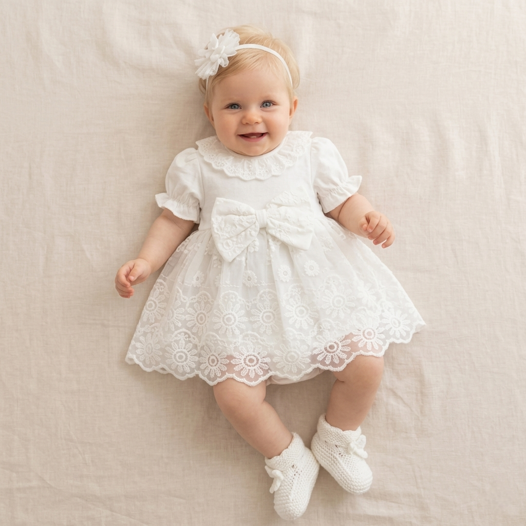 White Baby Girl Lace Dress – Bow & Headband Set