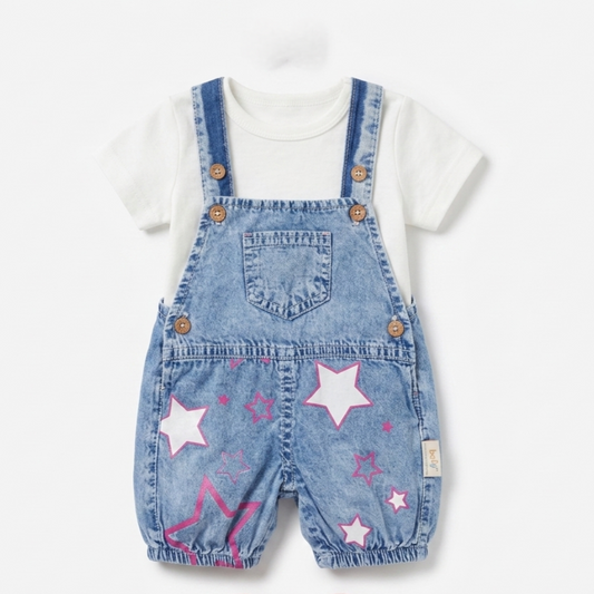 “Starlight Sprout” Baby Overall Set – Denim & Tee with Star Detail