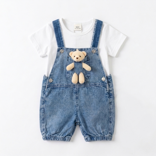 “Bear Buddy” Baby Overall Set – Denim & Tee with Plush Friend