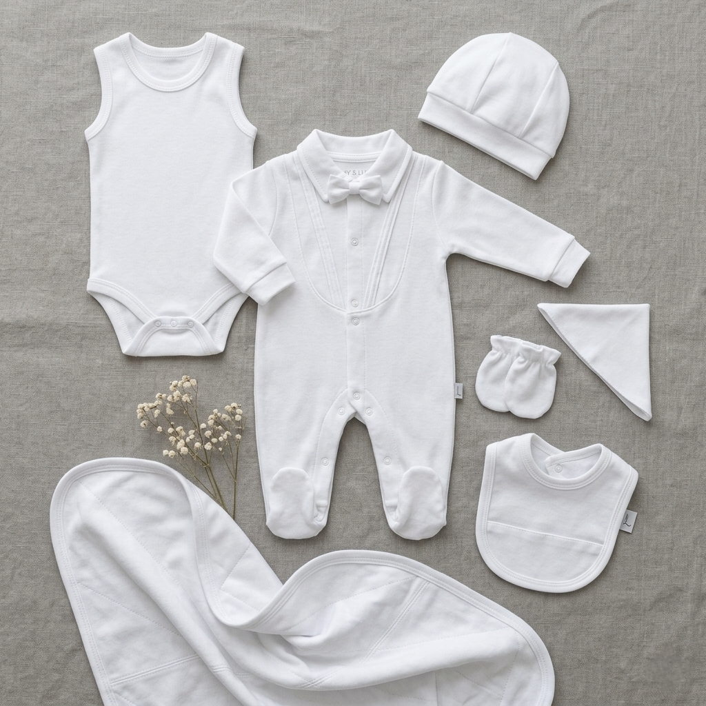 “Pure Blessings” Baby 7PCS Set – White Ensemble with Bow Detail