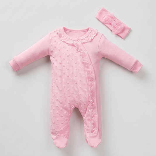 “Rosebud Whispers” Baby Onesie Set – Pink with Headband