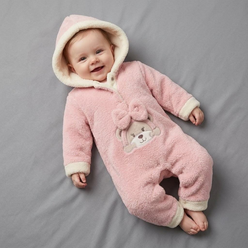 The Camilla Plush Fleece Bear Hooded Jumpsuit – Soft Pink