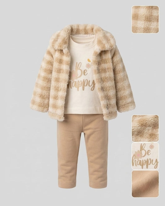 The Briar Plaid Faux Fur Jacket & Pants 3-Piece Set – Cream & Beige