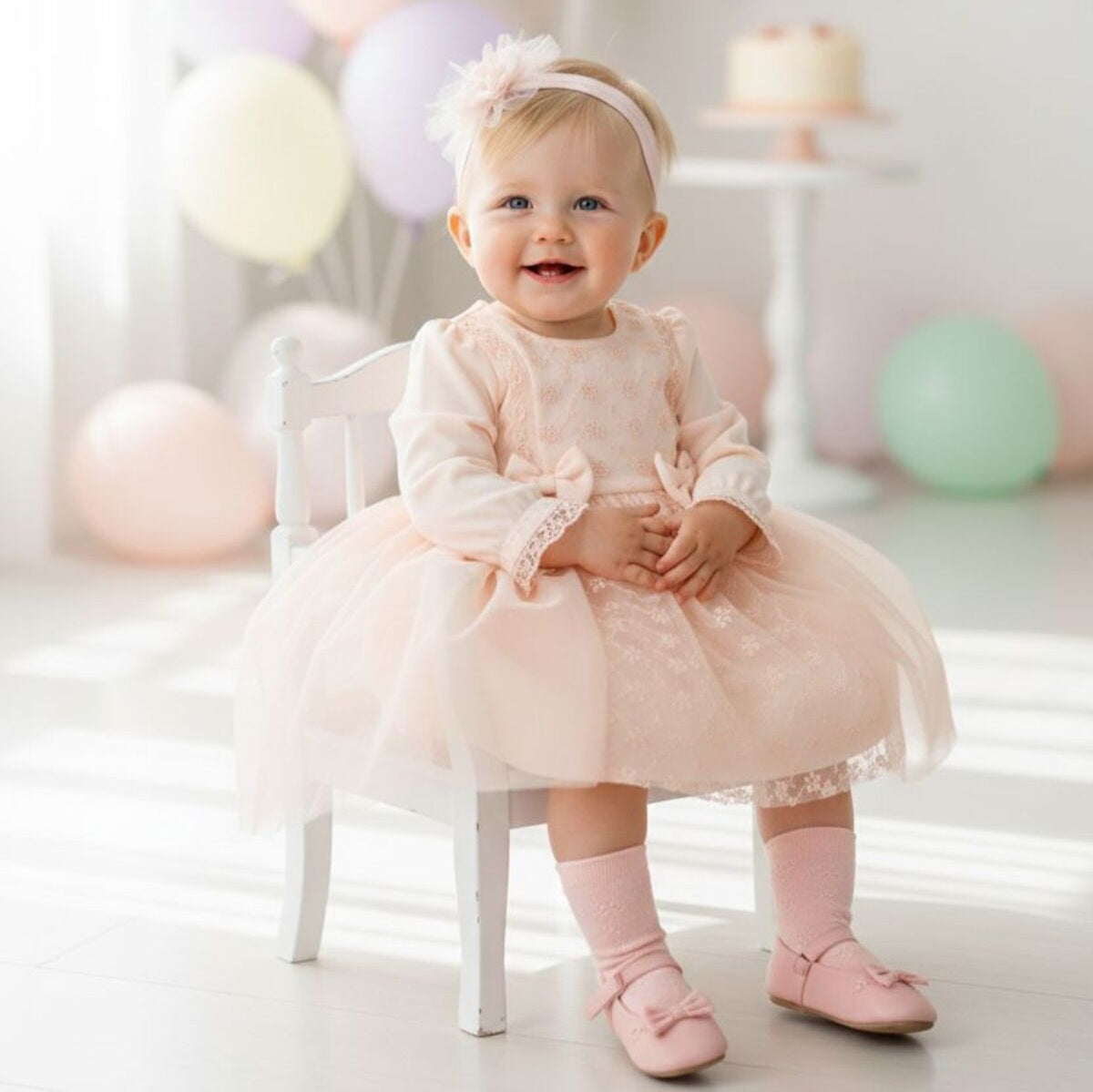Peach Lace Baby Dress with Headband – Elegant Infant Outfit