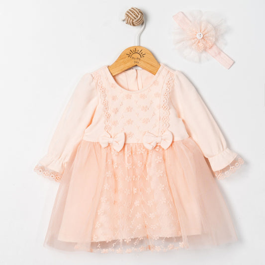 Peach Lace Baby Dress with Headband – Elegant Infant Outfit