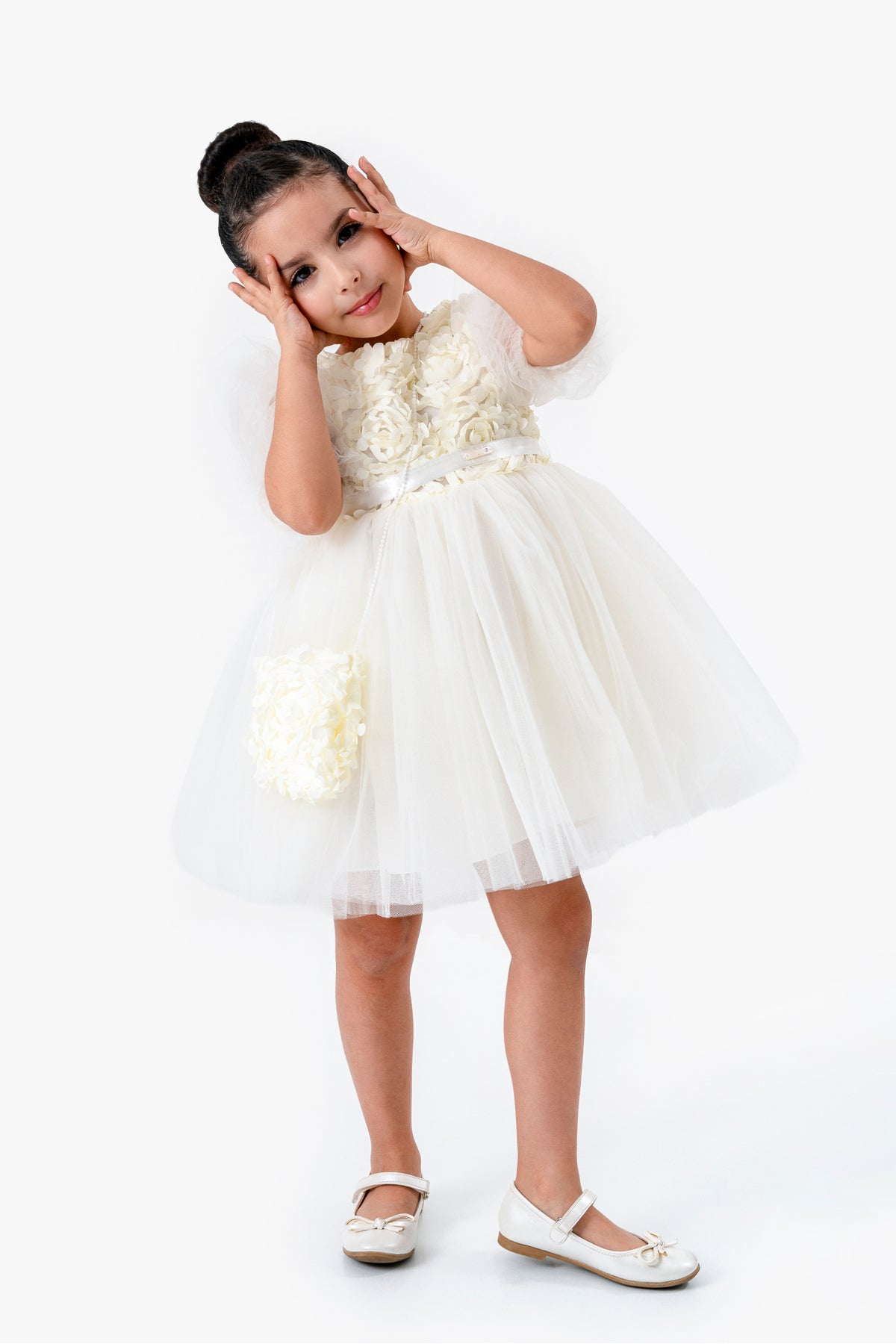 Cream Baby Girl Rosette Dress with Cross-bag – Tulle & Purse Set