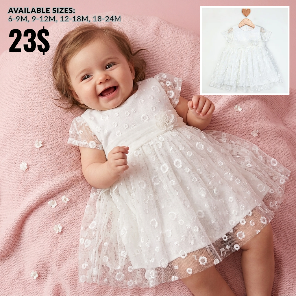 “Petal Grace” Baby Dress – Embroidered Lace & Floral Detail
