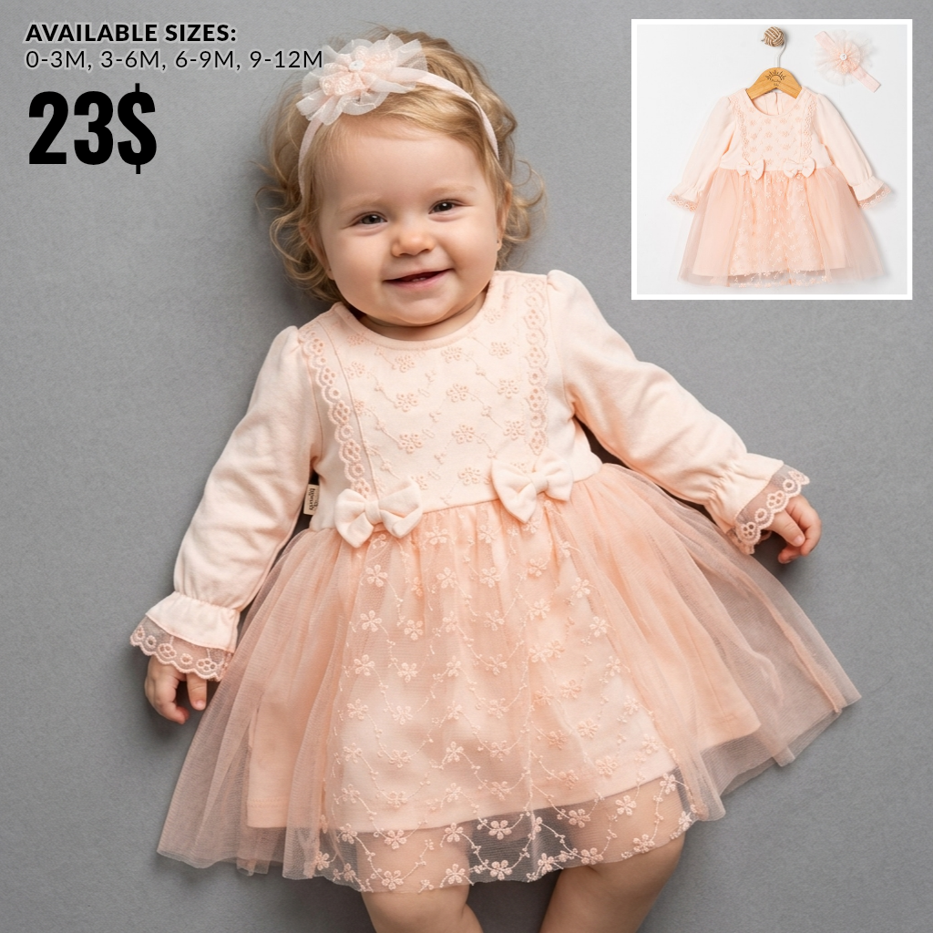 Peach Lace Baby Dress with Headband – Elegant Infant Outfit