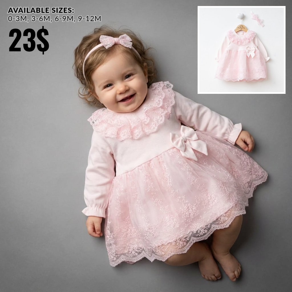 Pink Baby Girl Lace Dress – Bow & Headband Set