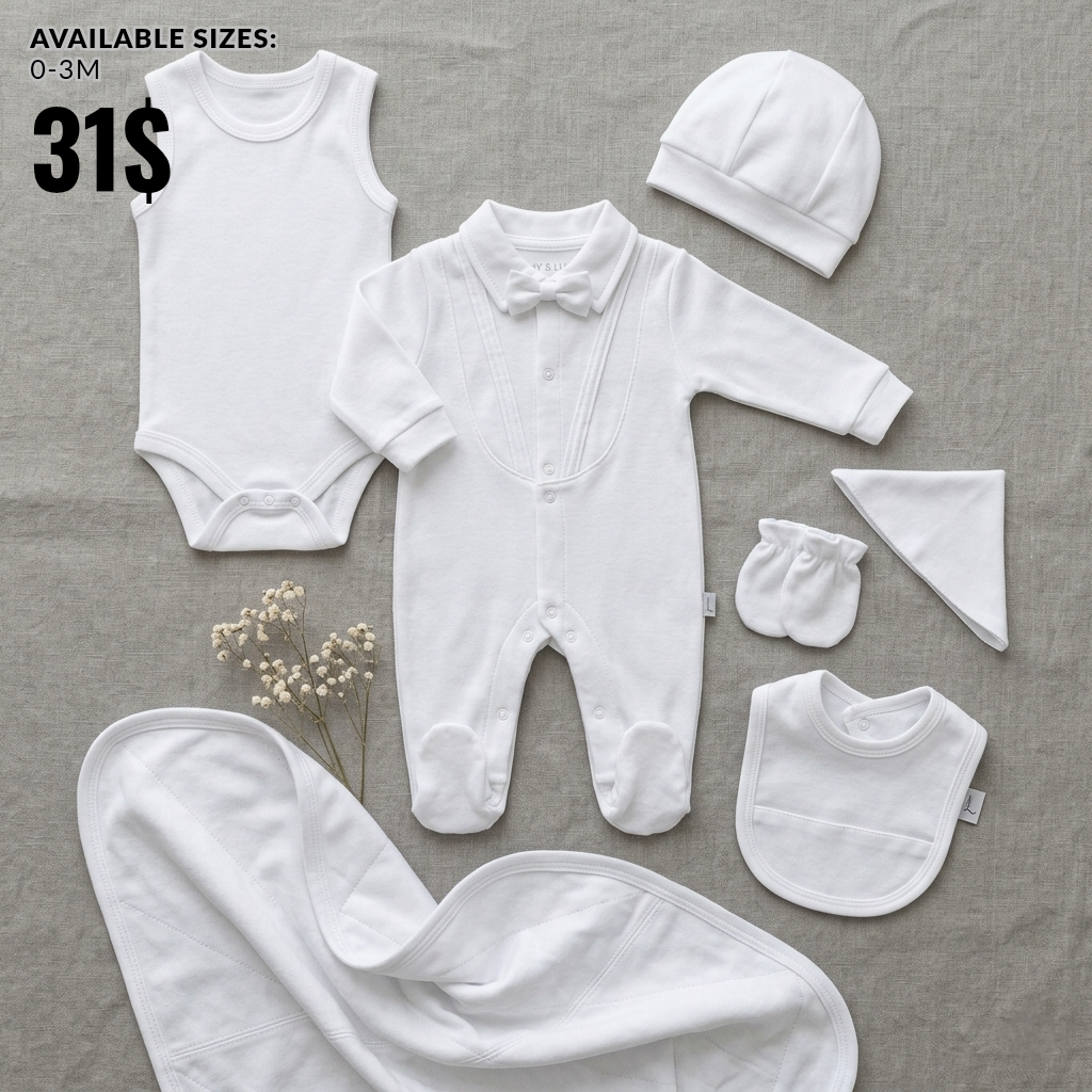 “Pure Blessings” Baby 7PCS Set – White Ensemble with Bow Detail