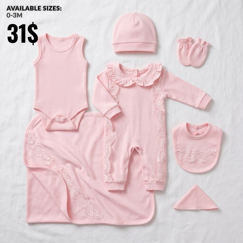 Pink Newborn Girls Outfit 7 Pcs Set – Lace Romper, Hat & Blanket