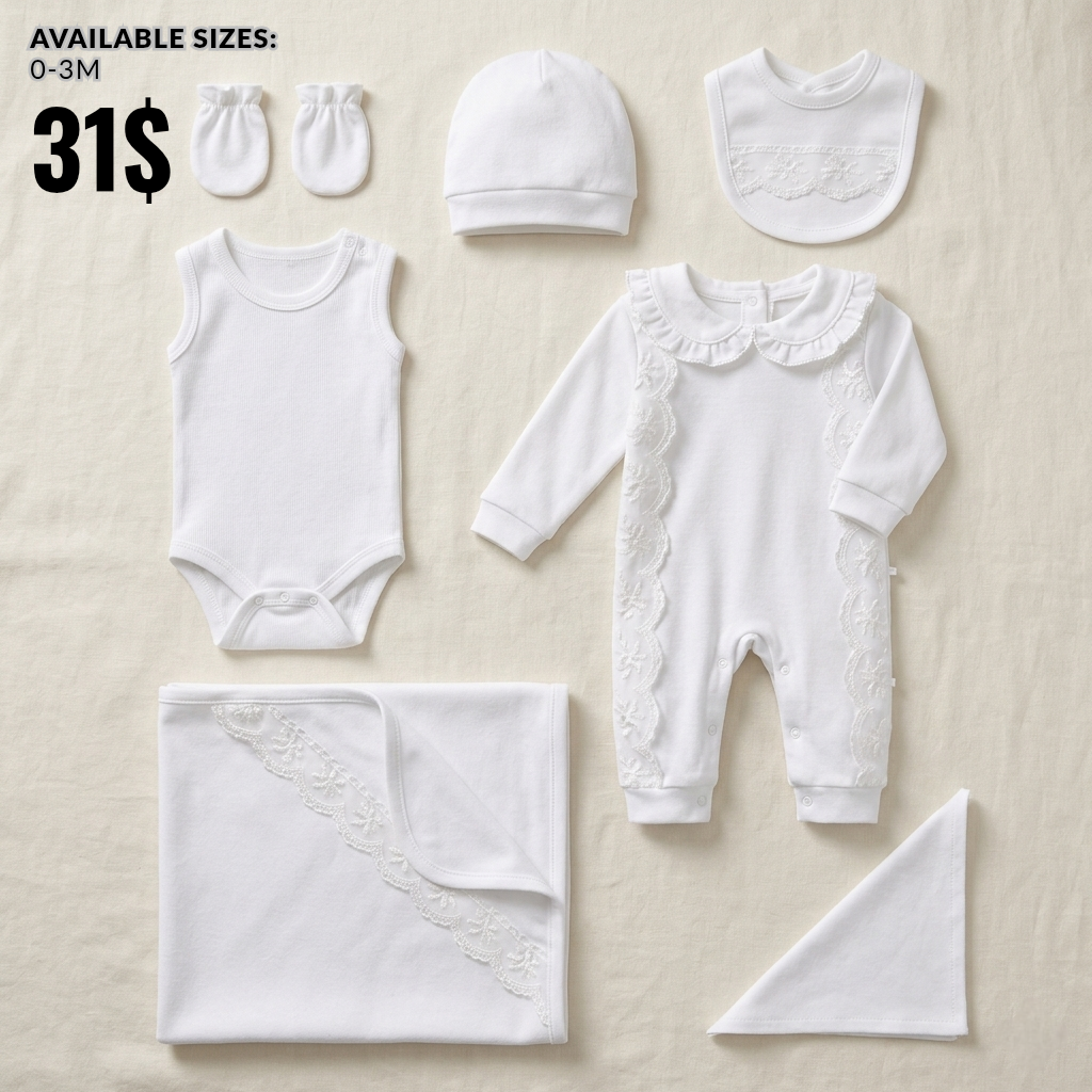 White Newborn Girls Outfit 7 Pcs Set – Lace Romper, Hat & Blanket