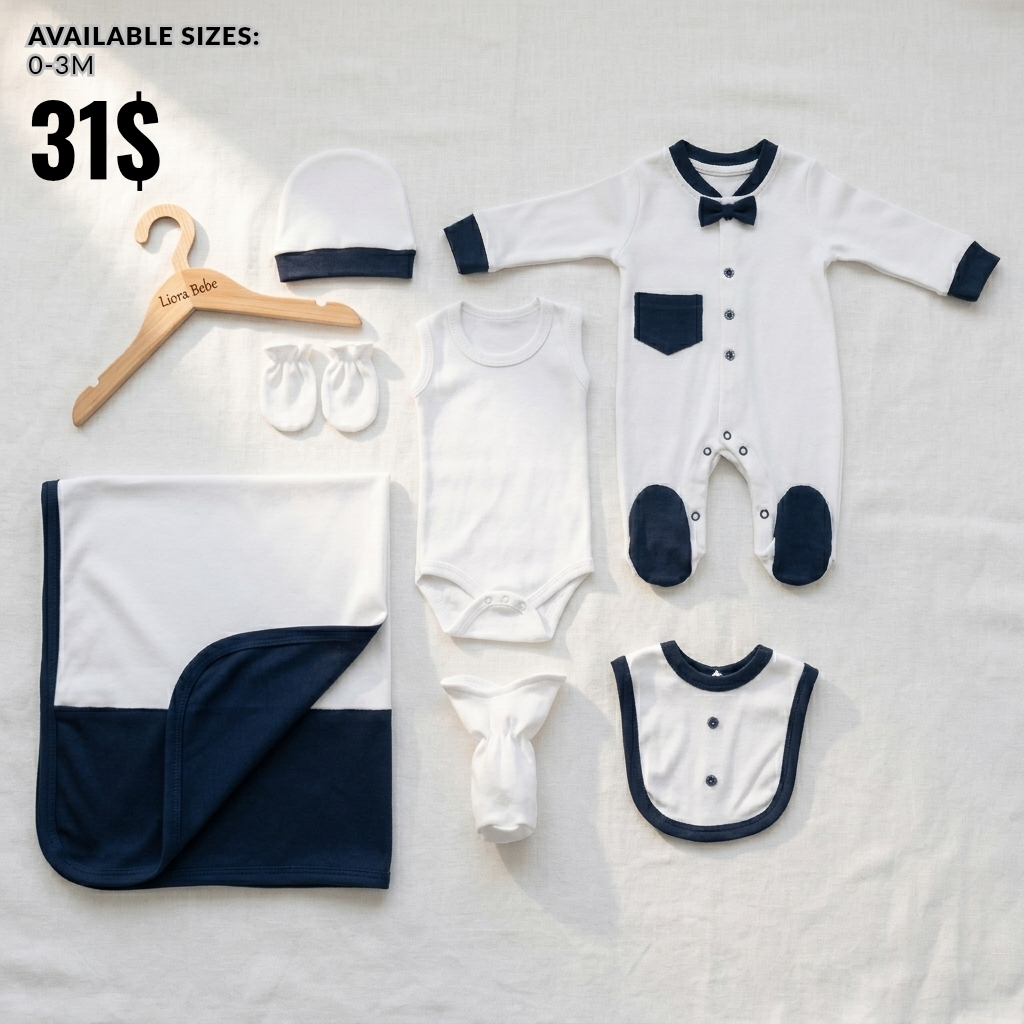 “Midnight Blessings” Baby Gift 7 PCS Set – Navy & White Ensemble