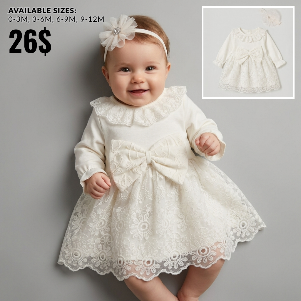 The Penelope Ruffled Lace Dress & Headband Set – Pure White