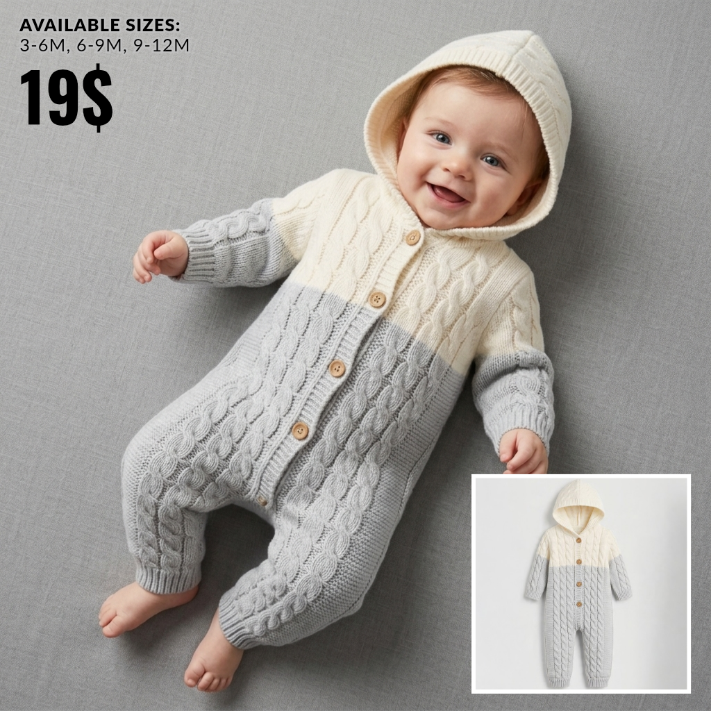 The Lucas Cable-Knit Hooded Jumpsuit – Light Gray & Cream