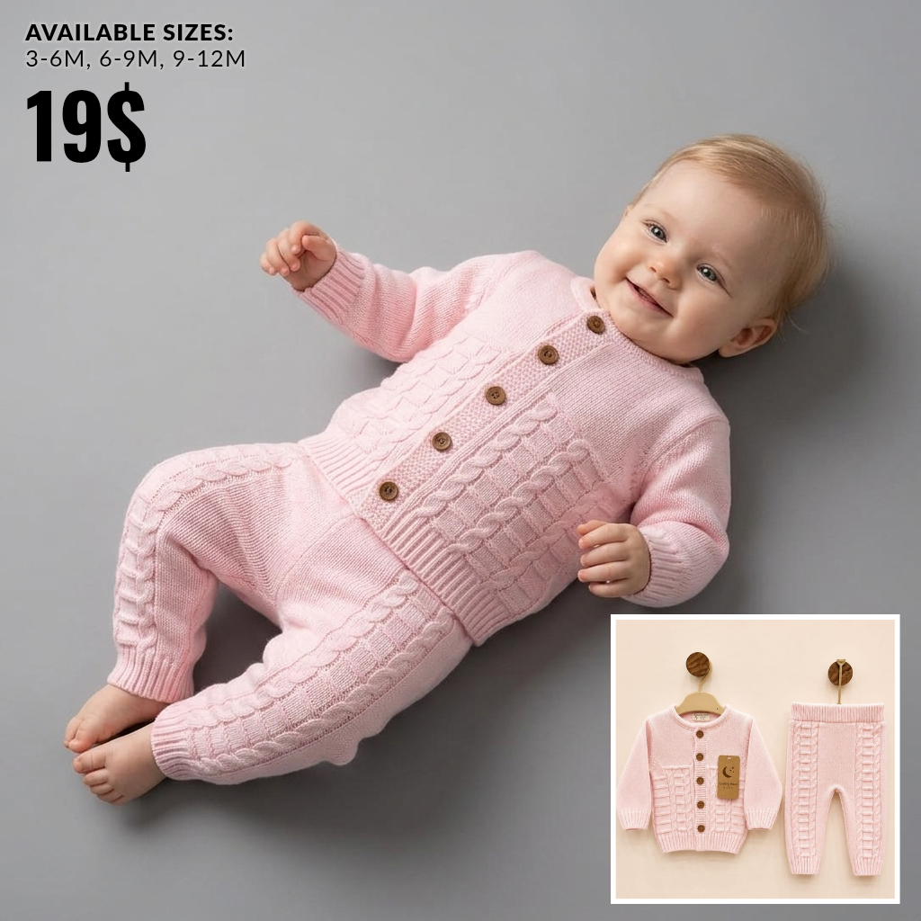 The Aurora 2-Piece Cable-Knit Cardigan Set – Soft Pink