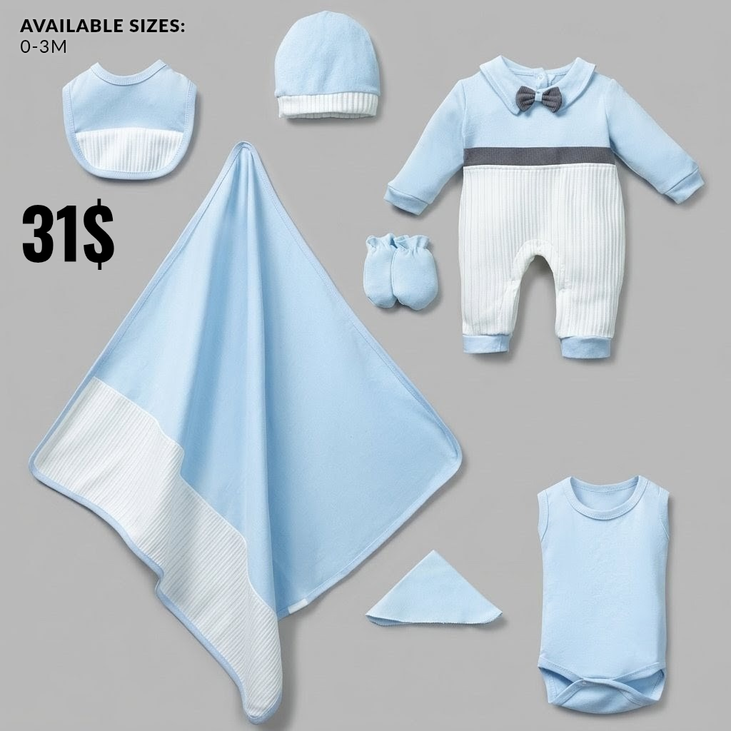 The Leo 7-Piece Layette & Blanket Gift Set – Light Blue & White