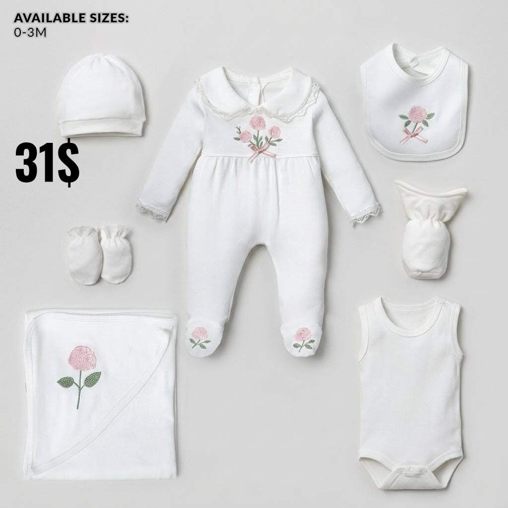 The Juliette 7-Piece Floral Embroidered Layette & Blanket Gift Set – Pure White