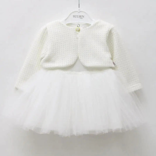 White Baby Girl Dress – Textured Cardigan Top with Layered Tulle Skirt for Special Occasions
