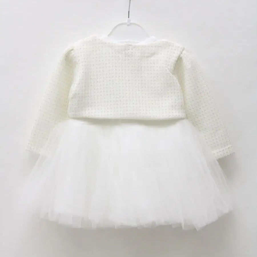 White Baby Girl Dress – Textured Cardigan Top with Layered Tulle Skirt for Special Occasions