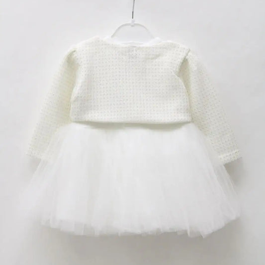 White Baby Girl Dress – Textured Cardigan Top with Layered Tulle Skirt for Special Occasions