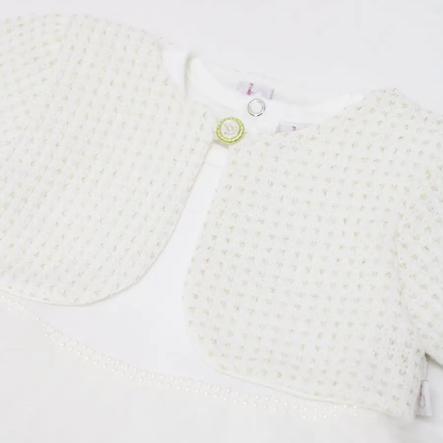 White Baby Girl Dress – Textured Cardigan Top with Layered Tulle Skirt for Special Occasions