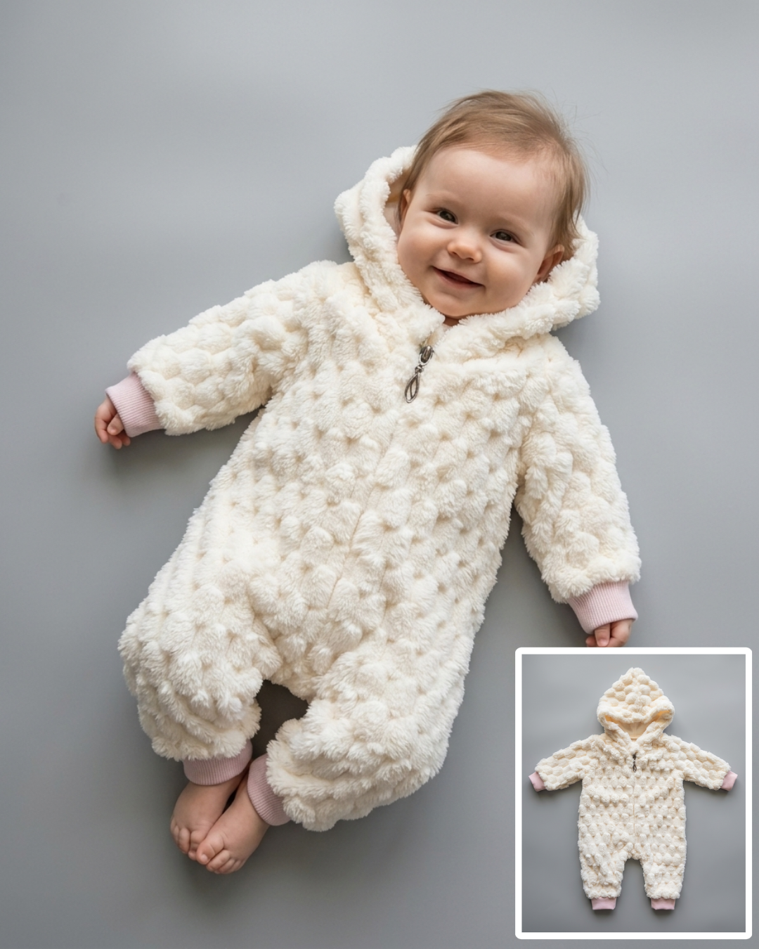 The Evander Plush Textured Hooded Footed Romper – Off-White Cream