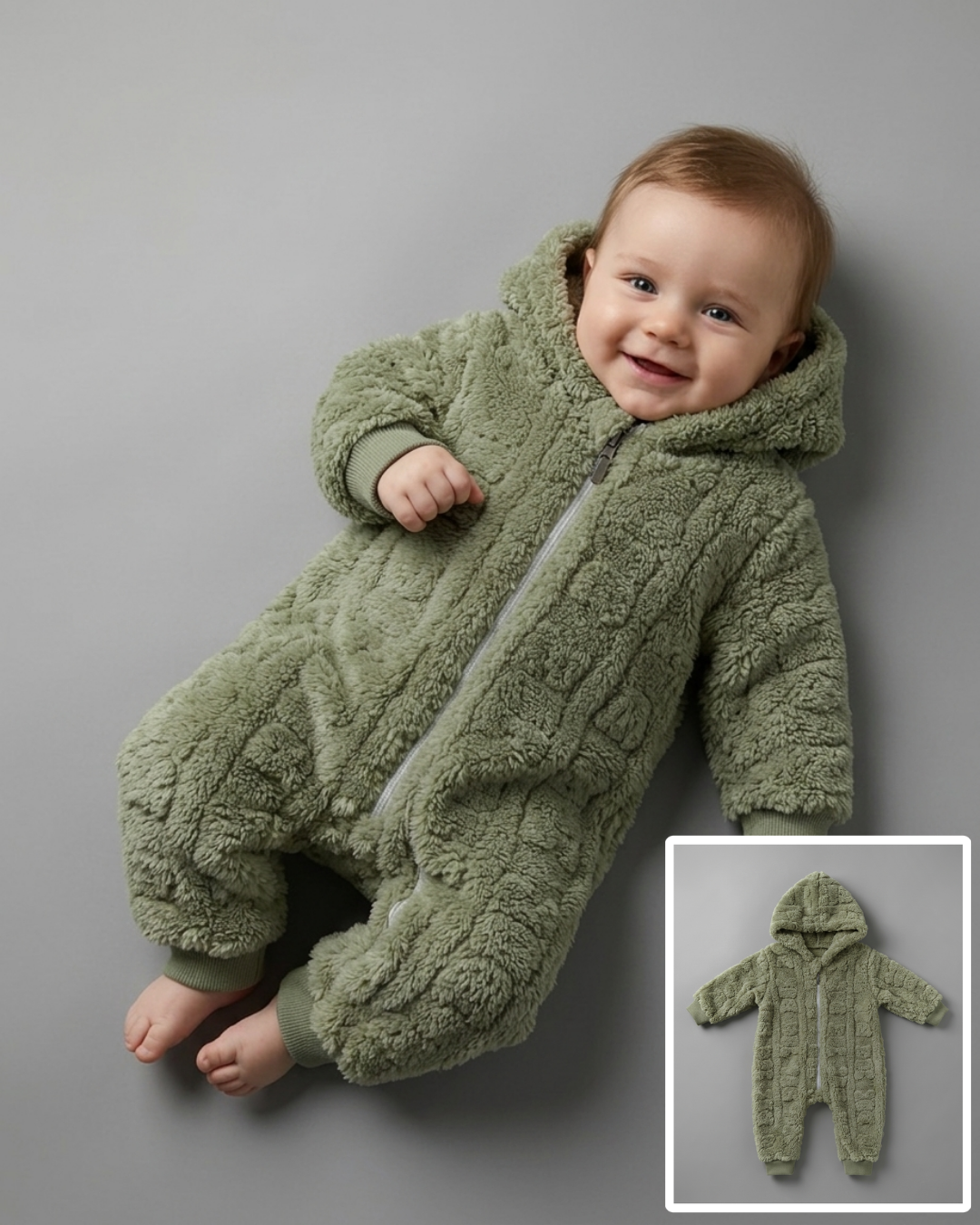 The Rowan Plush Textured Hooded Footed Romper – Sage Green