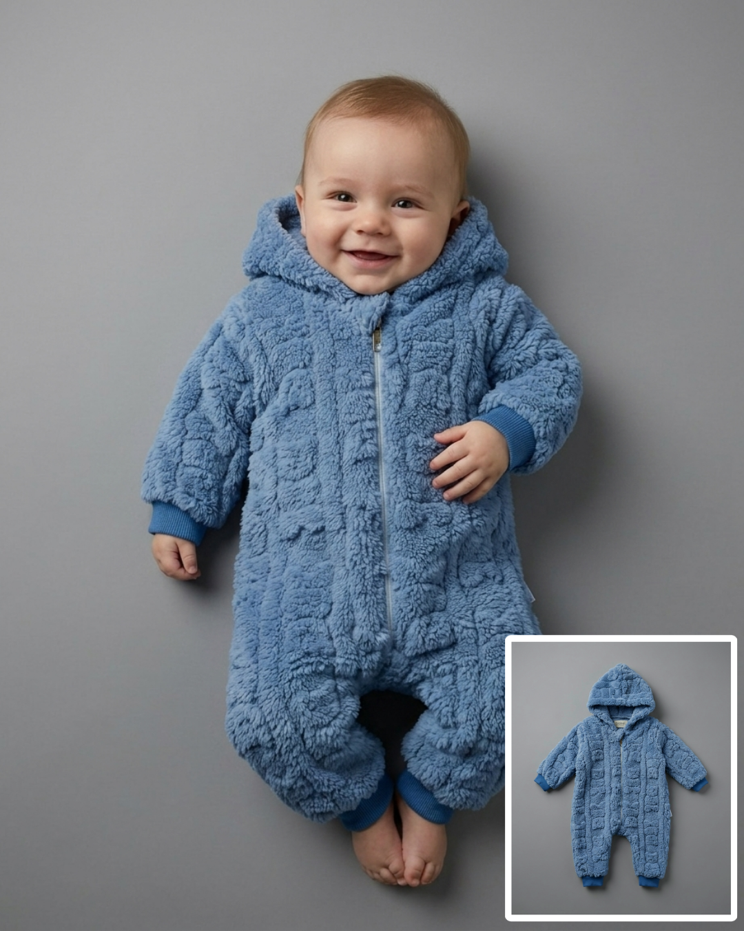 The Caspian Plush Textured Hooded Footed Romper – Light Blue