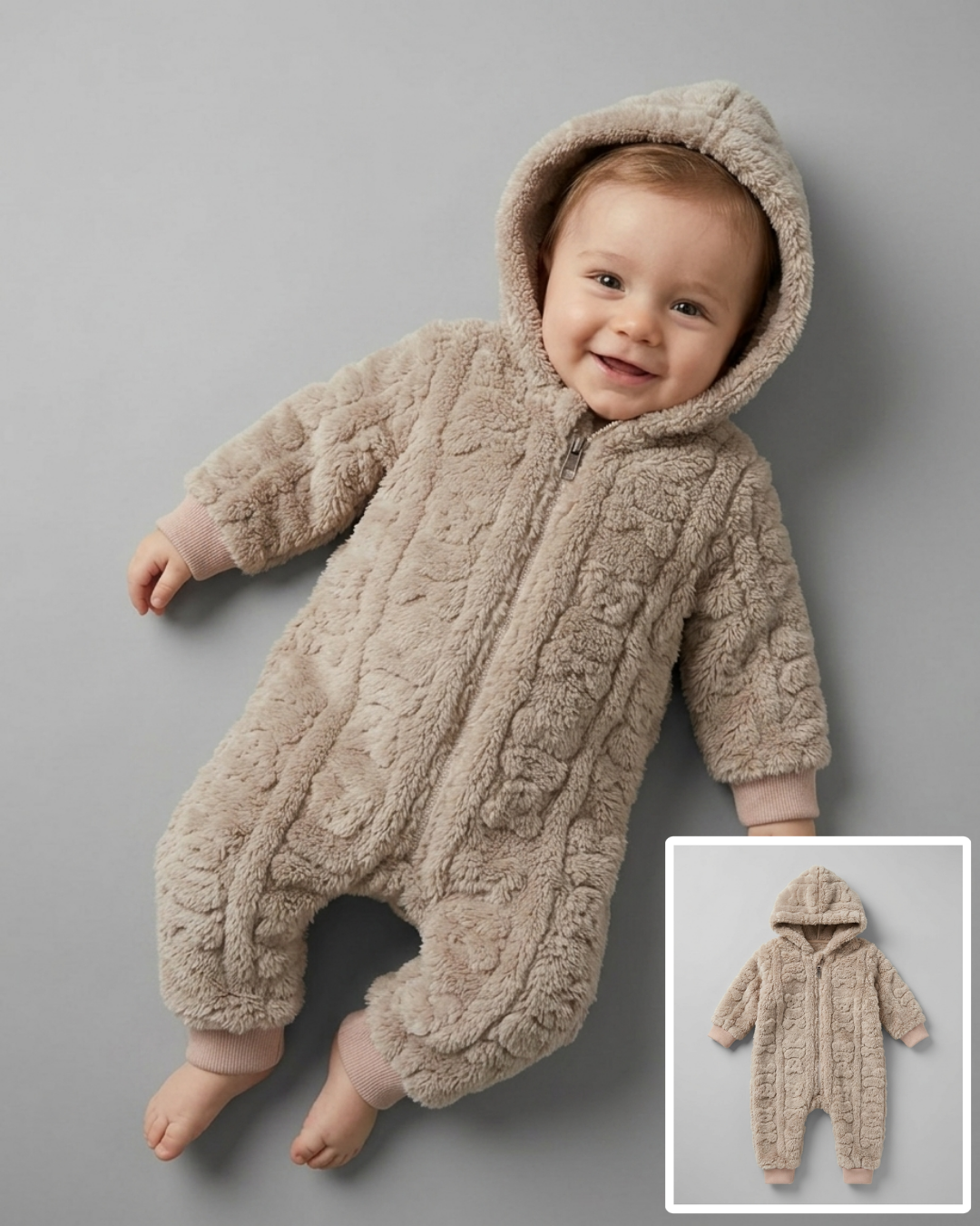 The Barrett Plush Textured Hooded Footed Romper – Taupe Beige