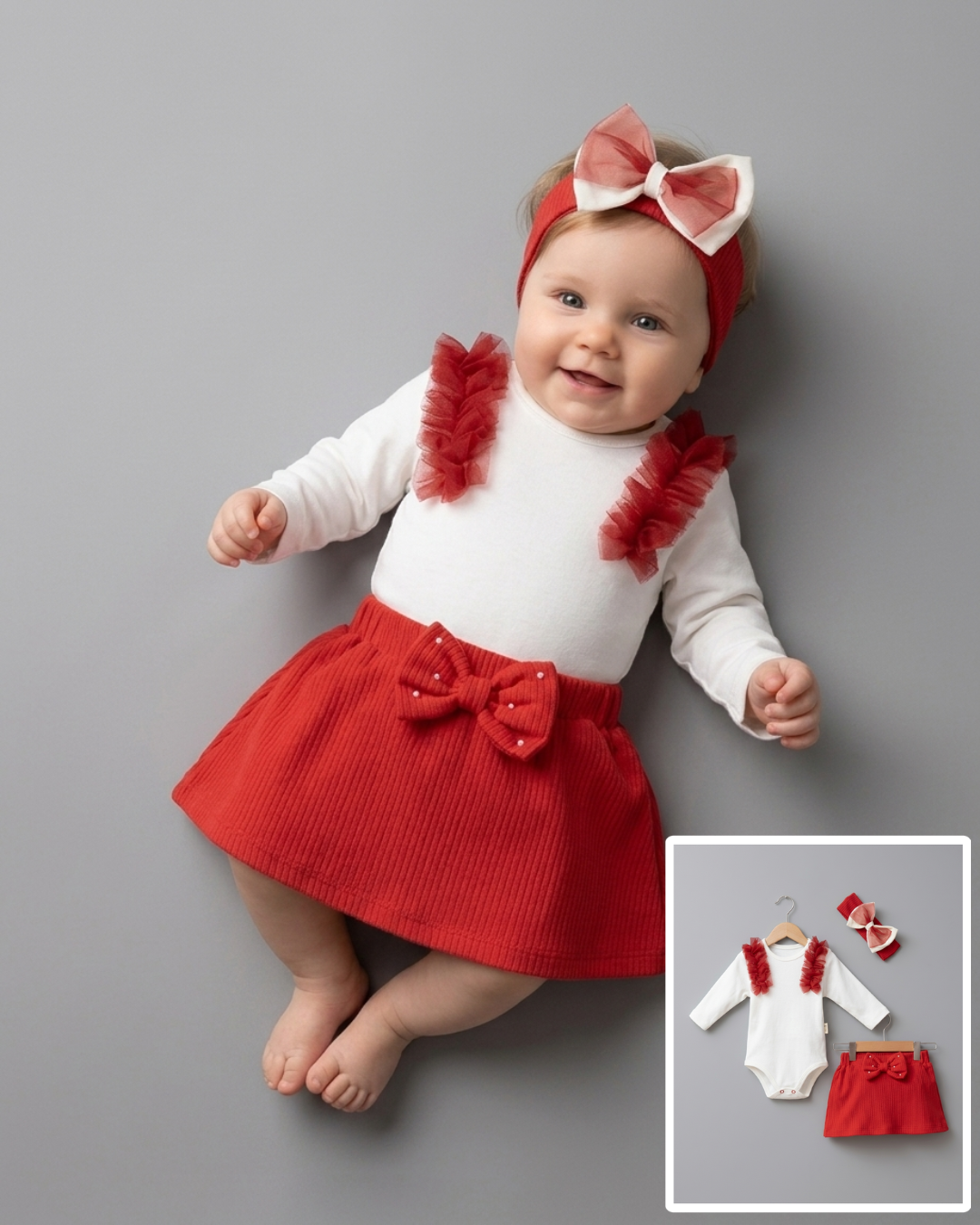 The Scarlett Tulle Ruffle Bodysuit & Skirt Set – Red & White