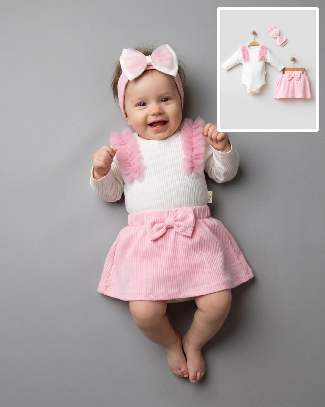 The Rosalie Tulle Ruffle Bodysuit & Skirt Set – Soft Pink & White