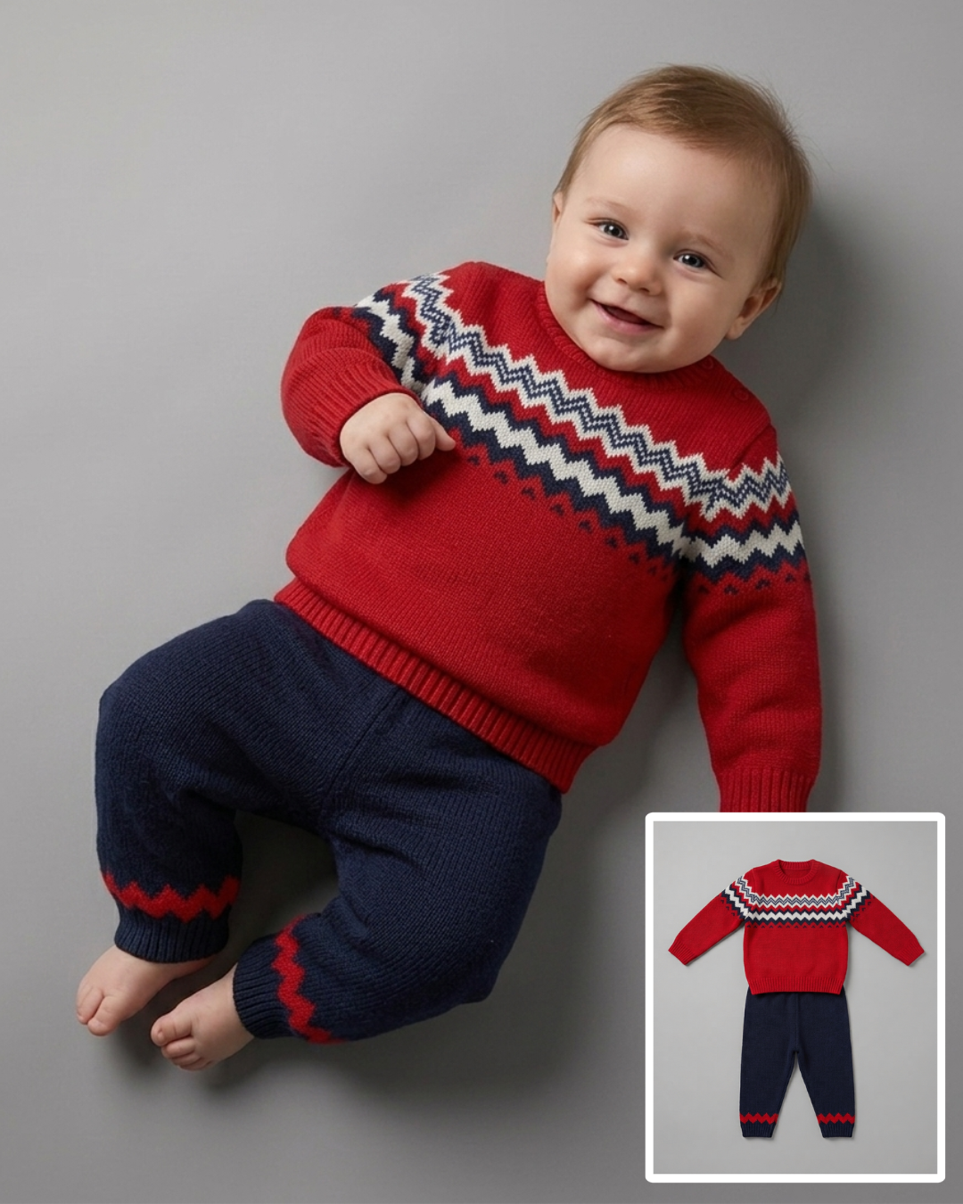 The Tristan Fair Isle Knit Sweater & Pants Set – Red & Navy