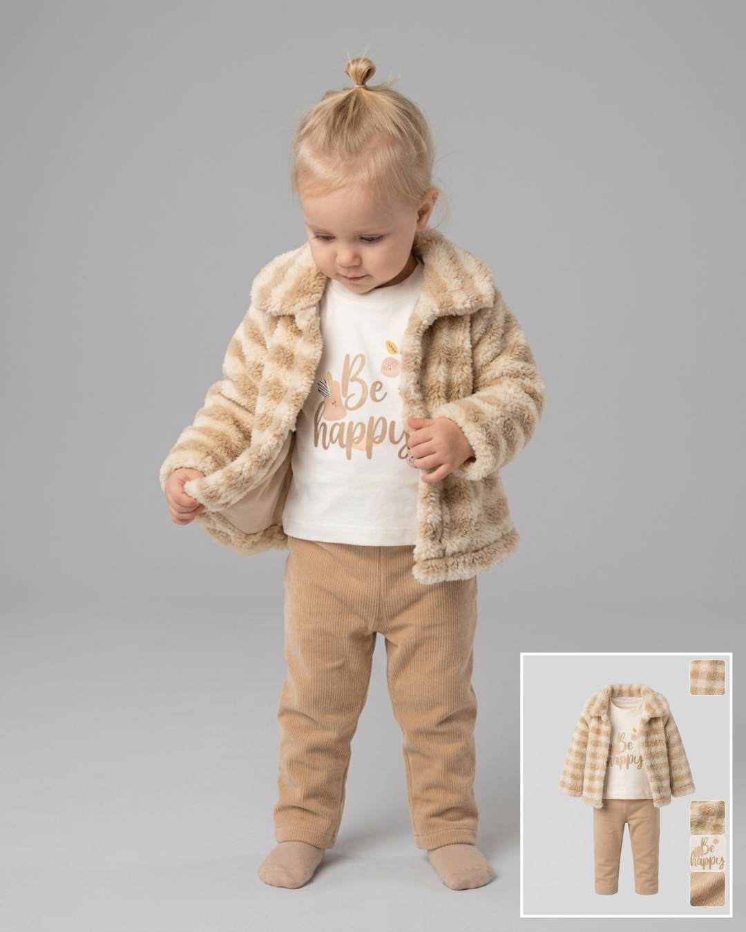 The Briar Plaid Faux Fur Jacket & Pants 3-Piece Set – Cream & Beige