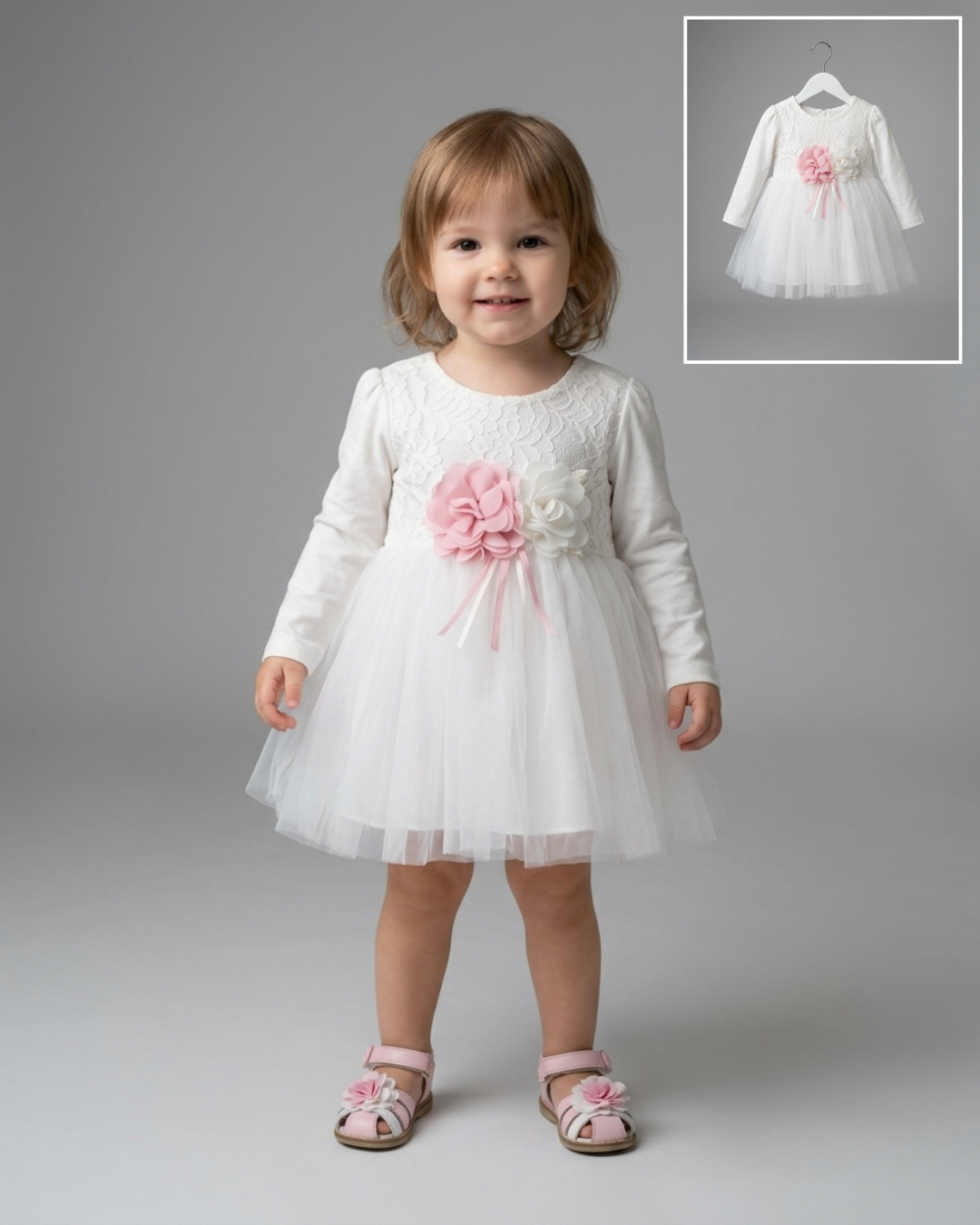 The Eloise Lace & Tulle Flower Dress – White & Pink