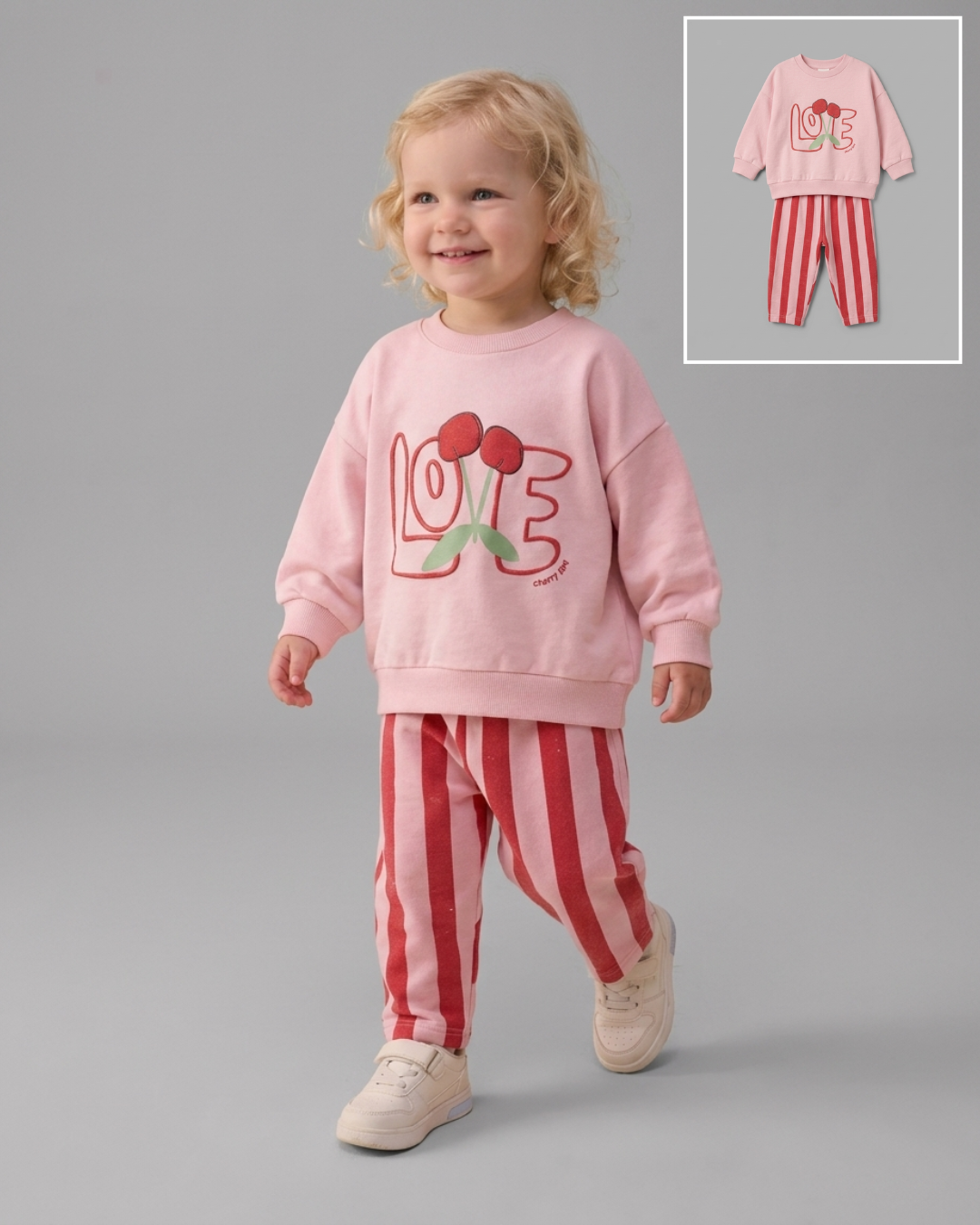 The Chloe Cherry LOVE Sweatshirt & Striped Pants Set – Light Pink & Red