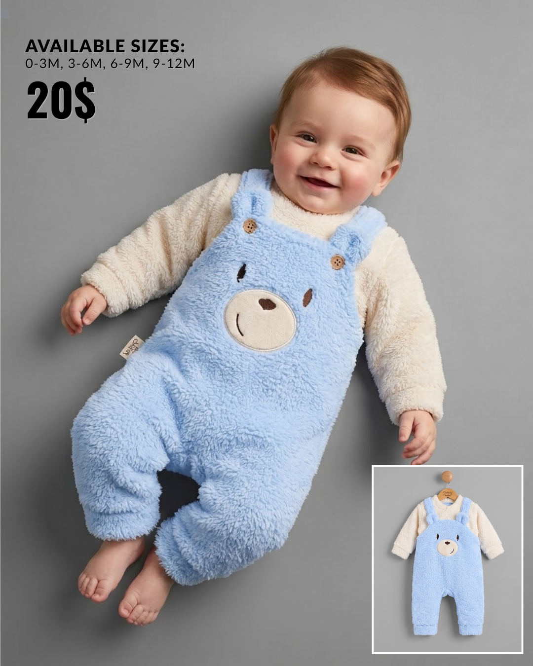 The Barnaby Plush Teddy Bear Overall Jumpsuit Set – Light Blue