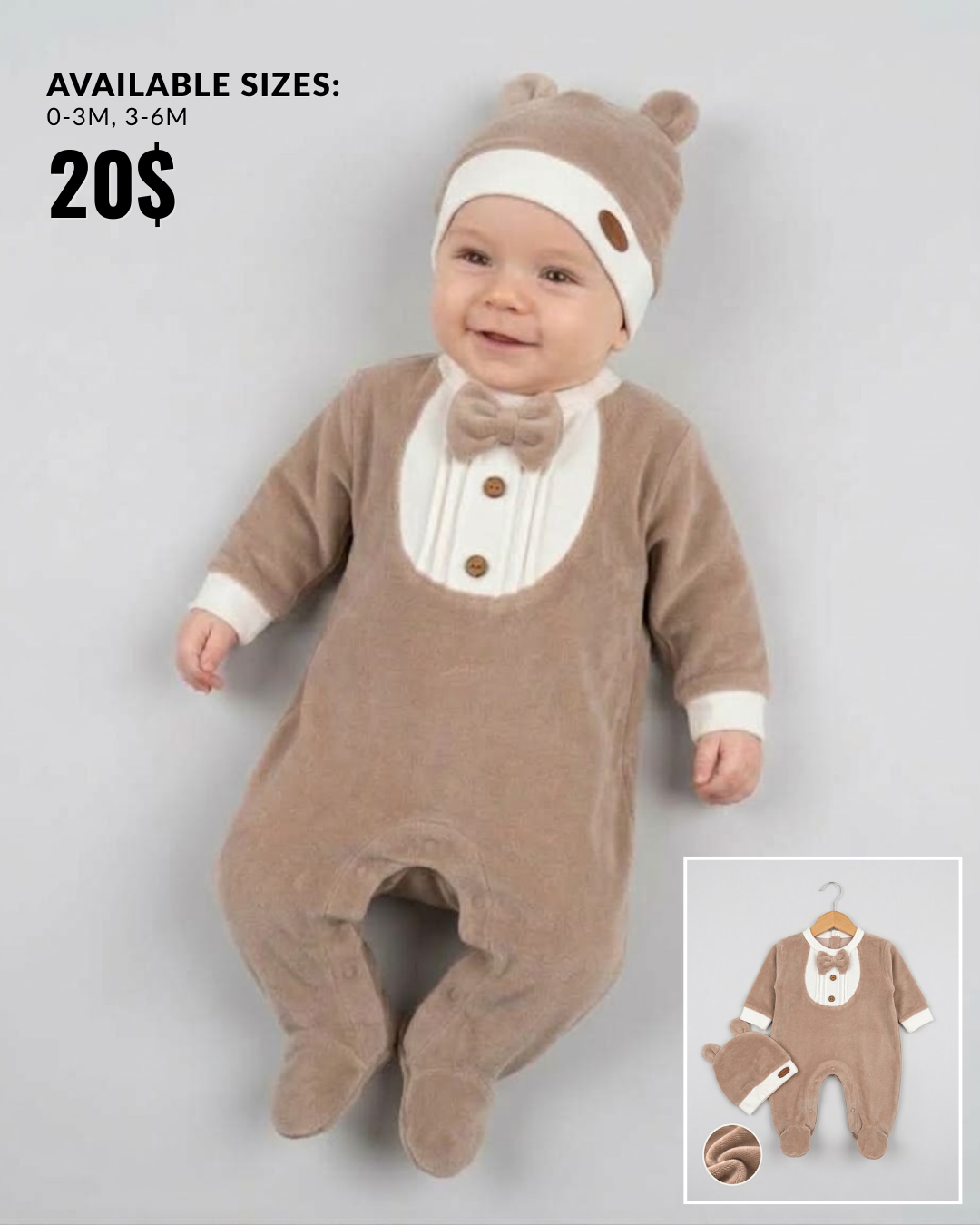 The Silas Plush Collared Footed Romper & Bear Ear Beanie Set – Taupe Brown