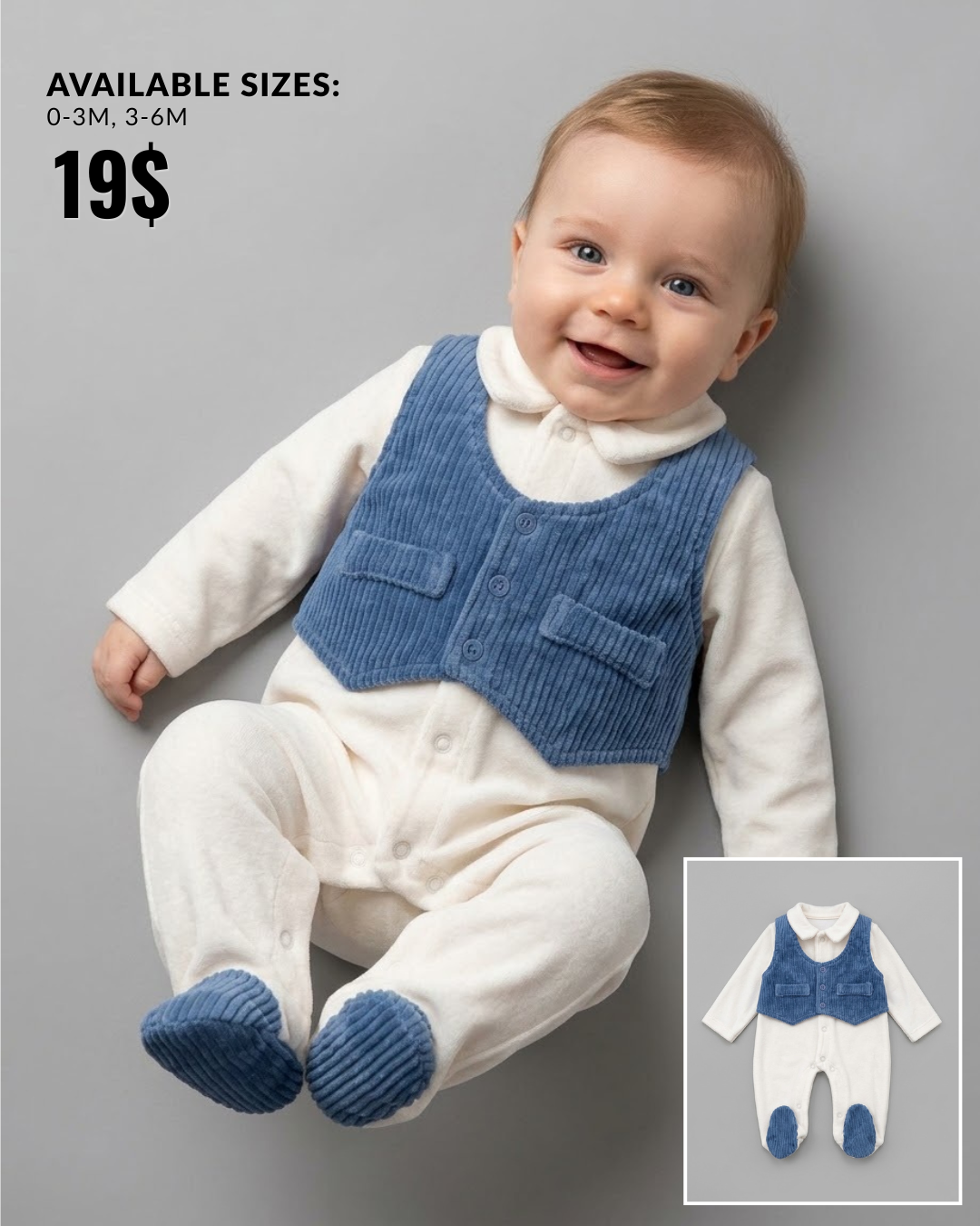 The Remington Collared Plush Footed Romper Set – Cream & Blue
